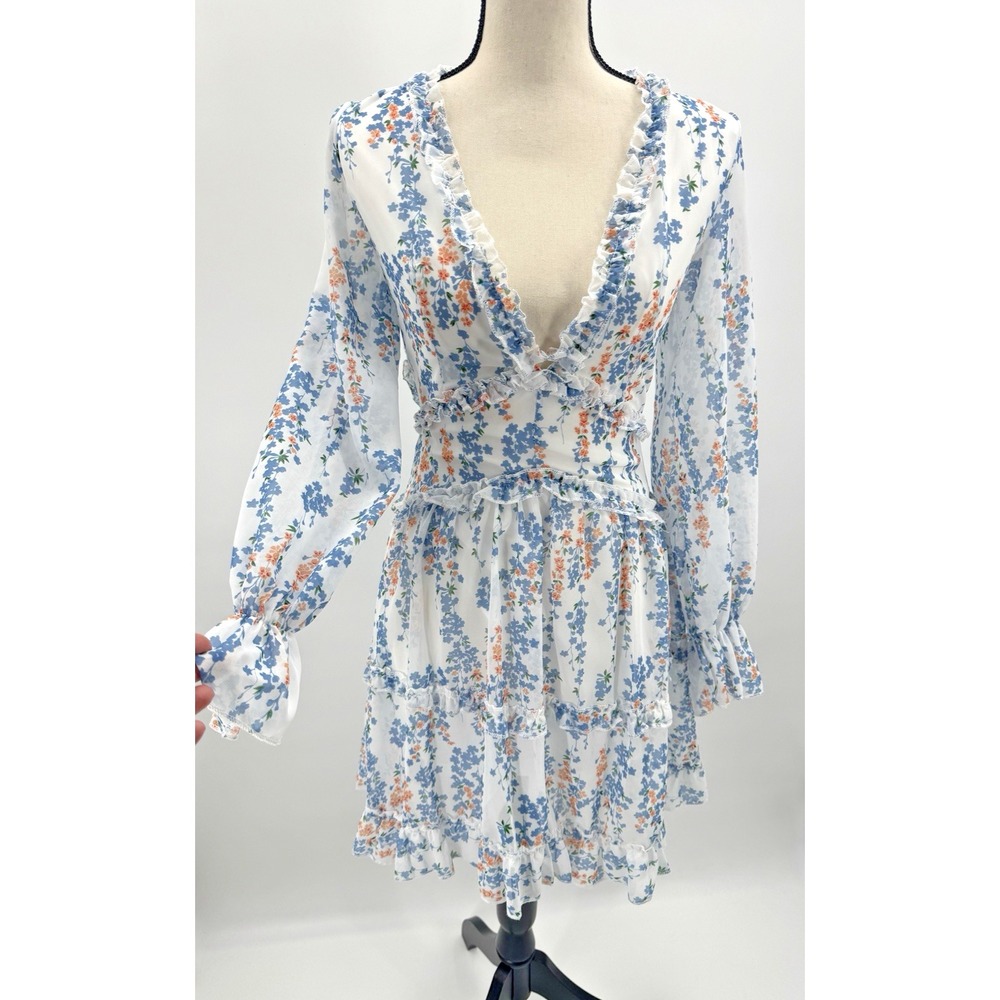 Sonja Deep V Plunge Floral Dress Small Cut Out Ruffle Tier Dainty Special Event